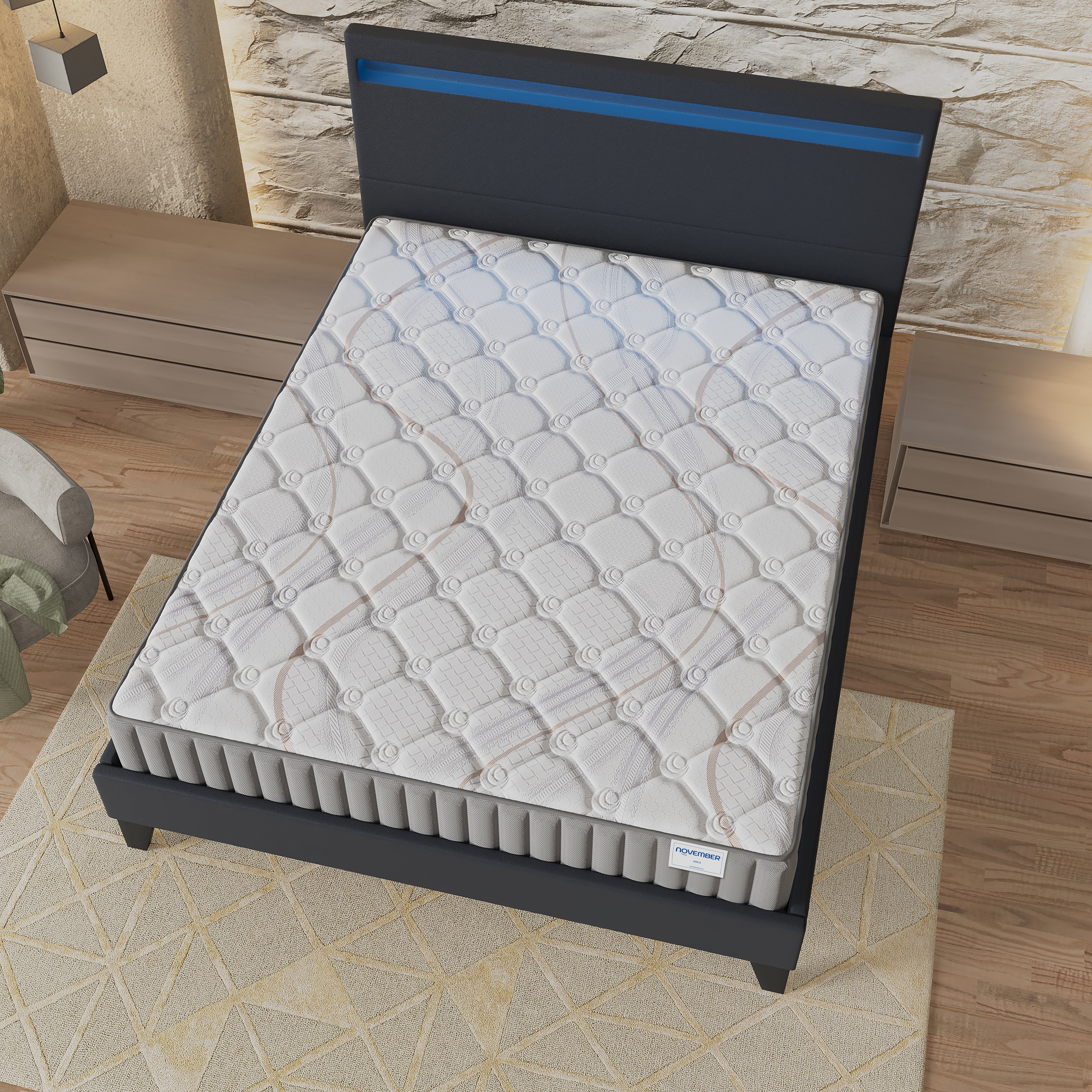 Ensemble Matelas + lit 140x200 cm, Matelas 16cm mousse, accueil latex, lit à tête de lit LED similicuir noir - 8