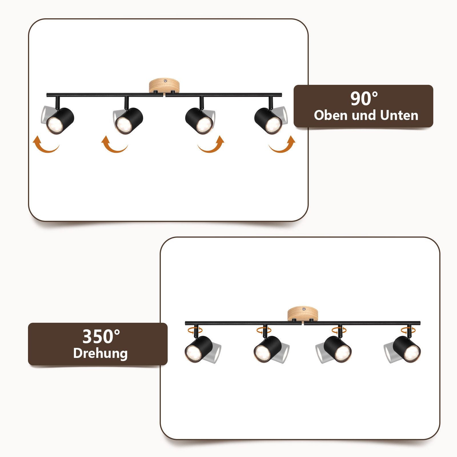 NETTLIFE Plafón LED de 4 llama - Plafón GU10 negro Foco giratorio Aplique de madera Foco de pared para salón dormitorio Sin bombilla - 4