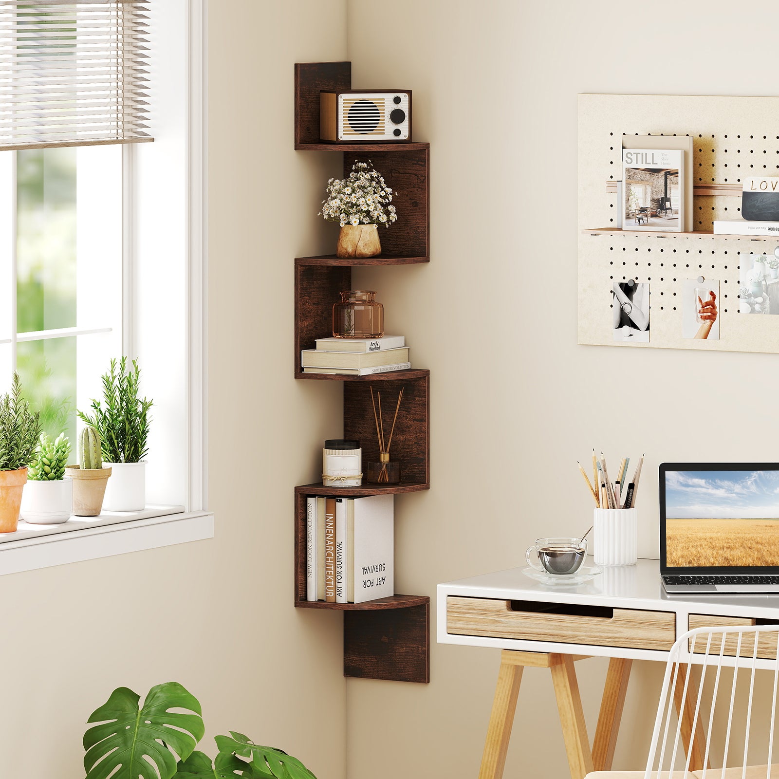 Półka narożna z 5 poziomami, półka ścienna, nowoczesny design i oszczędność miejsca w salonie, sypialni i kuchni, 20 x 20 x 126 cm, brązowa - 7