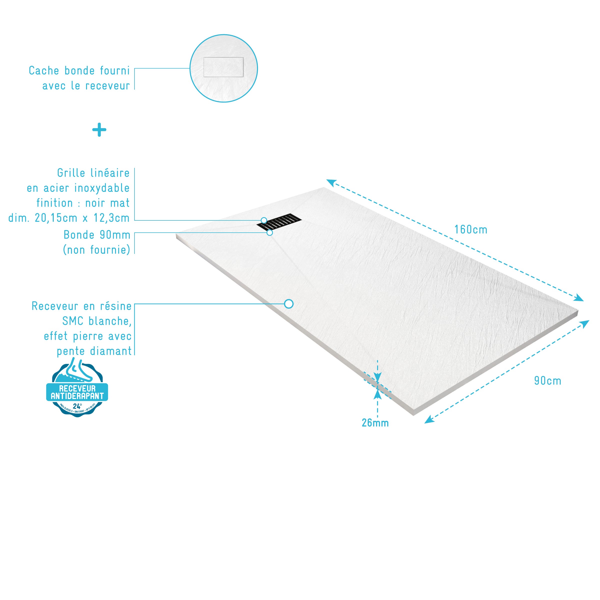 Receveur de douche Matic 90x160 en résine effet pierre bouchardée blanc Receveur de douche Matic 90x160 en résine effet pierre bouchardée blanc