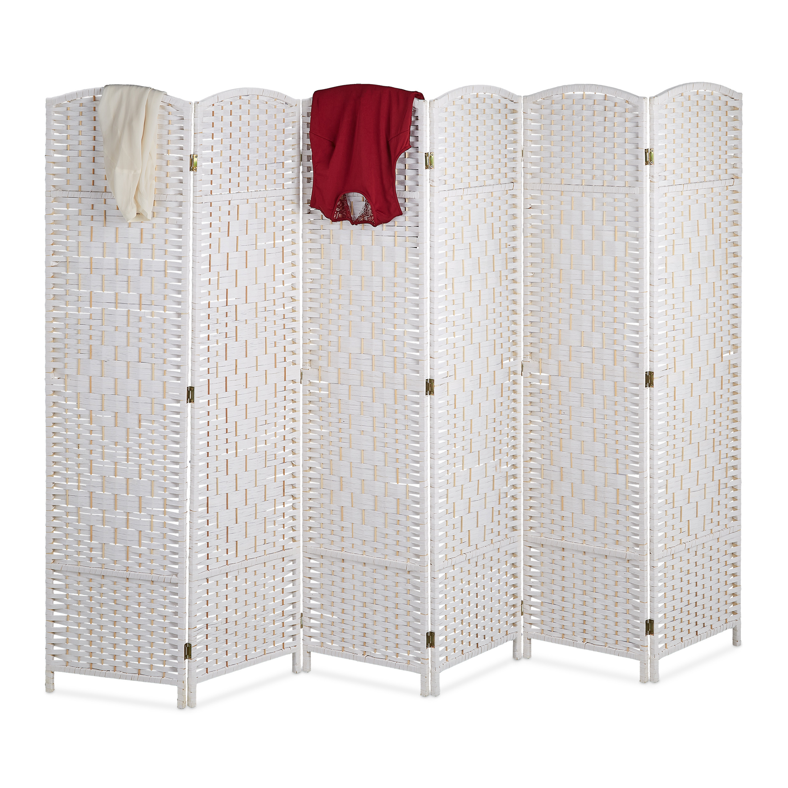 Relaxdays biombo 6 paneles, 170 x 240 cm, separador ambientes plegable, madera y cuerda de papel, mampara en blanco