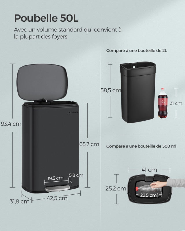 Poubelle Cuisine 50L, Poubelle Bureau, Fermeture en Douceur, avec Pédale, en Acier, Seau Intérieur, Noir - 5