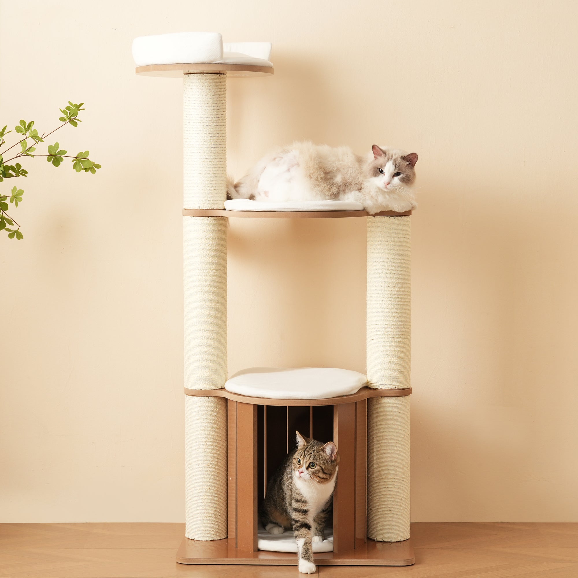 Arbre à chat avec 3 plateformes, 1 niche et coussins - 60 x 48 x 135 cm - Cadre en MDF - Marron - 2