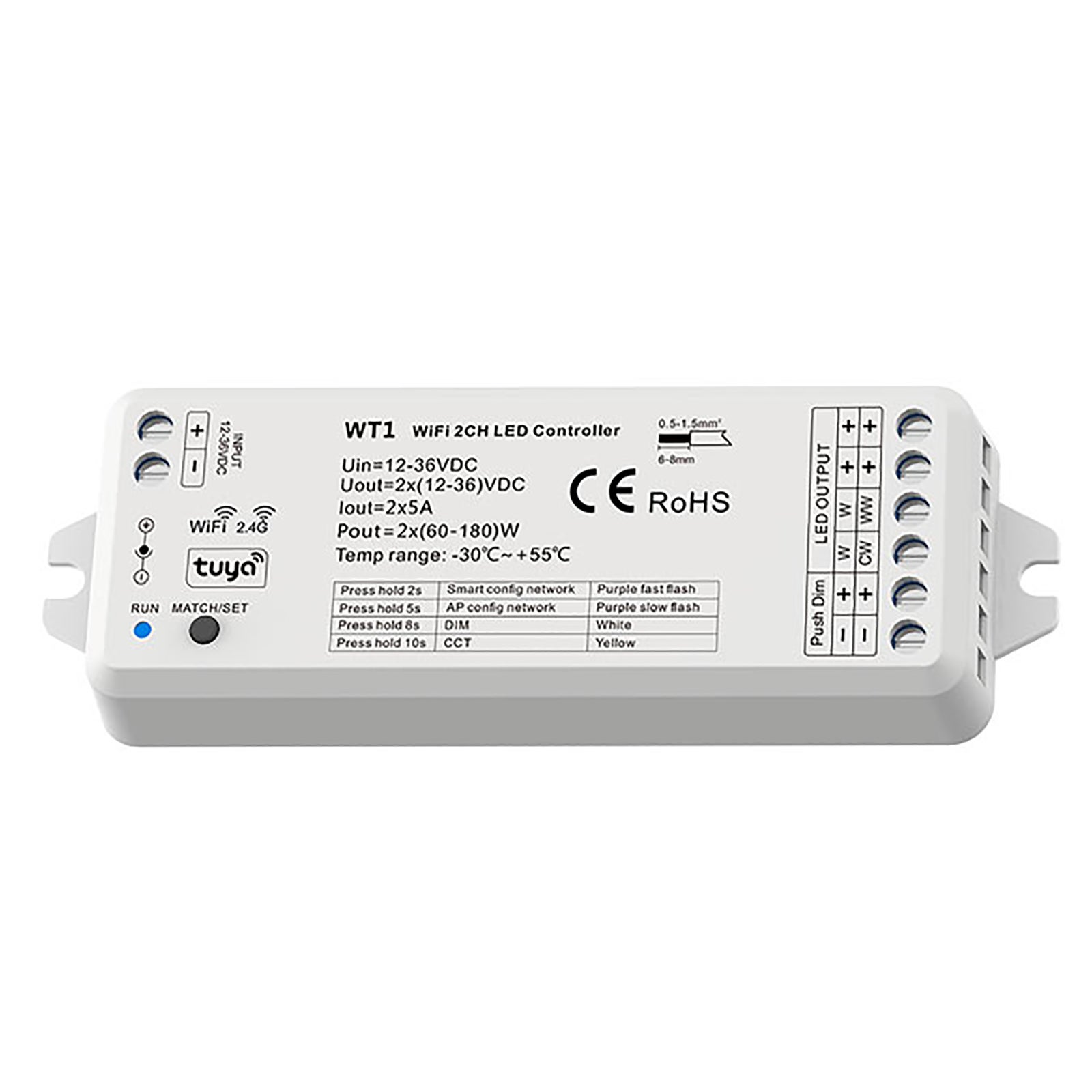WT1 Contrôleur LED intelligent WiFi pour bandes de projecteurs Unité de commande WiFi Dimmer 2,4 G CCT 2 CH 12-24 V Commande vocale Google Alexa - 3