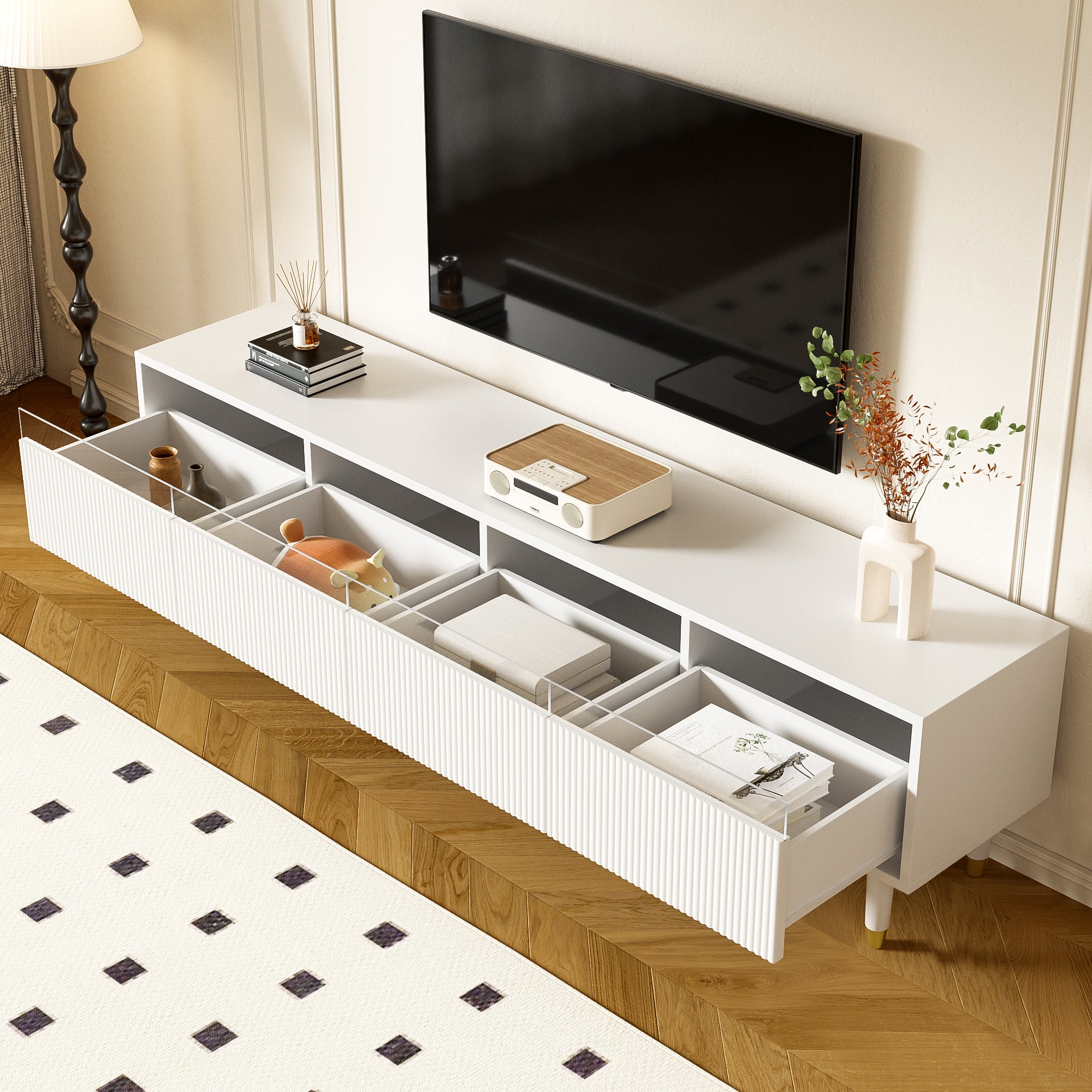 Nowoczesna szafa pod TV 178x35x45 cm - z oświetleniem LED - 4 szuflady - MDF - biała