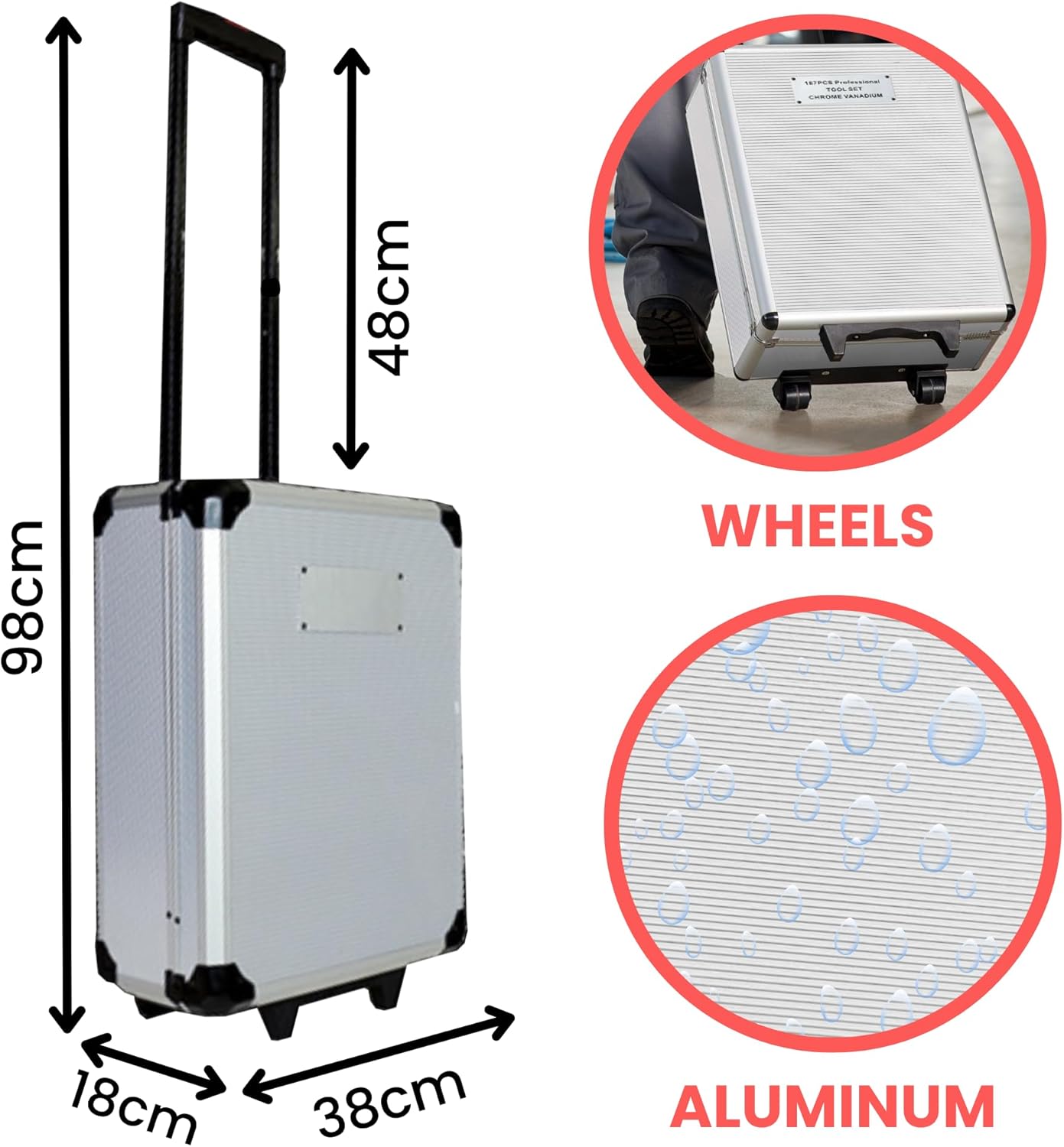 𝗠𝗮𝗹𝗹𝗲𝘁𝘁𝗲 𝗮 𝗢𝘂𝘁𝗶𝗹𝘀 𝟭𝟴𝟳 𝗣𝗖𝘀 𝗖𝗵𝗿𝗼𝗺𝗲 𝗩𝗮𝗻𝗮𝗱𝗶𝘂𝗺.Cassetta degli attrezzi completa con ruote in alluminio impermeabili. - 2