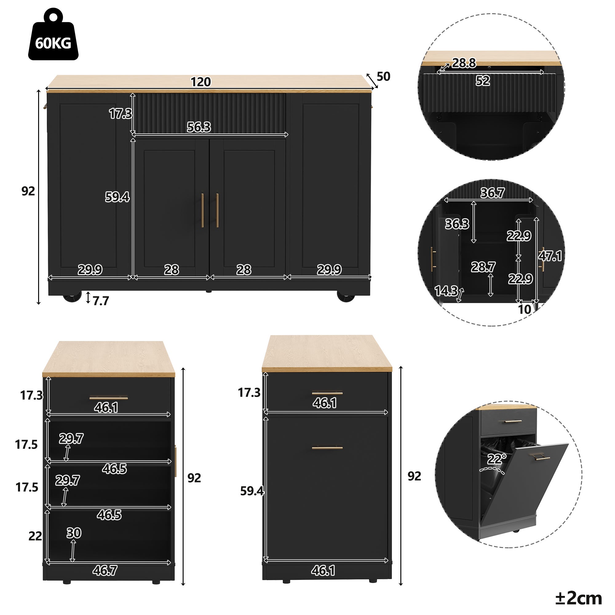 Îlot central de cuisine mobile avec 2 portes, 3 tiroirs et compartiment poubelle - 120 x 50 x 92 cm - MDF + Métal - Noir - 6
