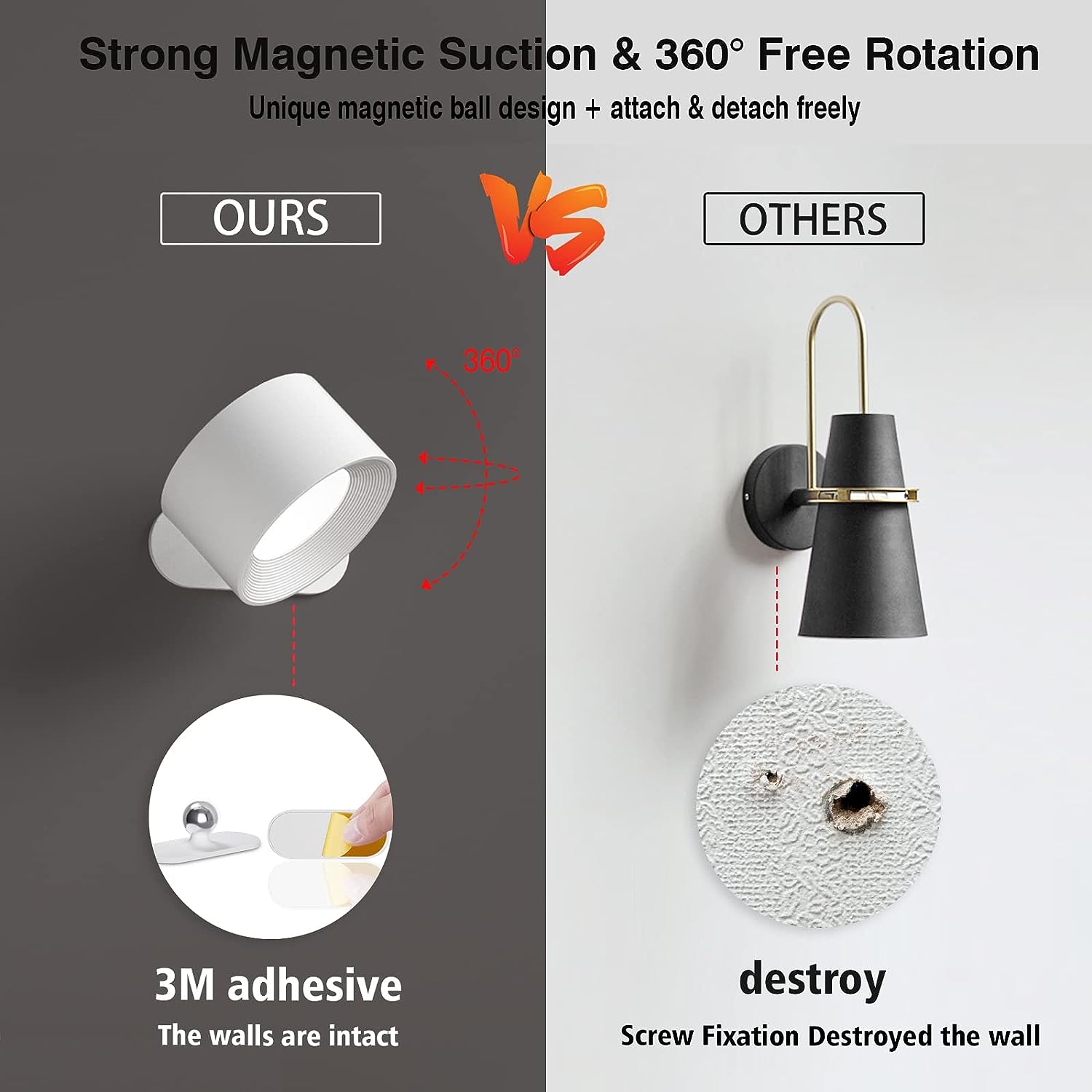 4 Pezzi Luci da Parete a Batteria, Applique da Parete per Interni con 3 Modalità di Colore, 4 Livelli di Luminosità, Rotazione di 360°, Controllo Tattile, Lampada da Muro per Lettura