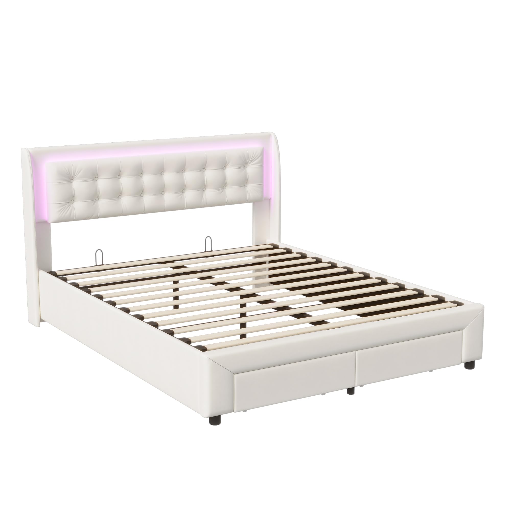 Lit Coffre 140x190 avec Sommier avec 2 Tiroirs, Lit Double avec LED, Tête de Lit Capitonnée, Grand Rangement Hydraulique et 2 Tiroirs, Velours Beige - 9