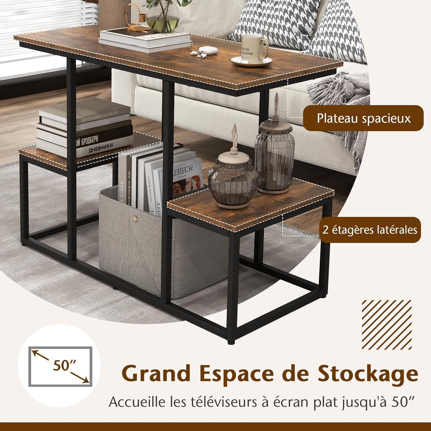 Tavolino Consolle a 2 Livelli con Ripiani, Tavolo per TV da 50 Pollici, Tavolino Versatile e Moderno per Soggiorno, Camera da Letto e Ingresso - 2