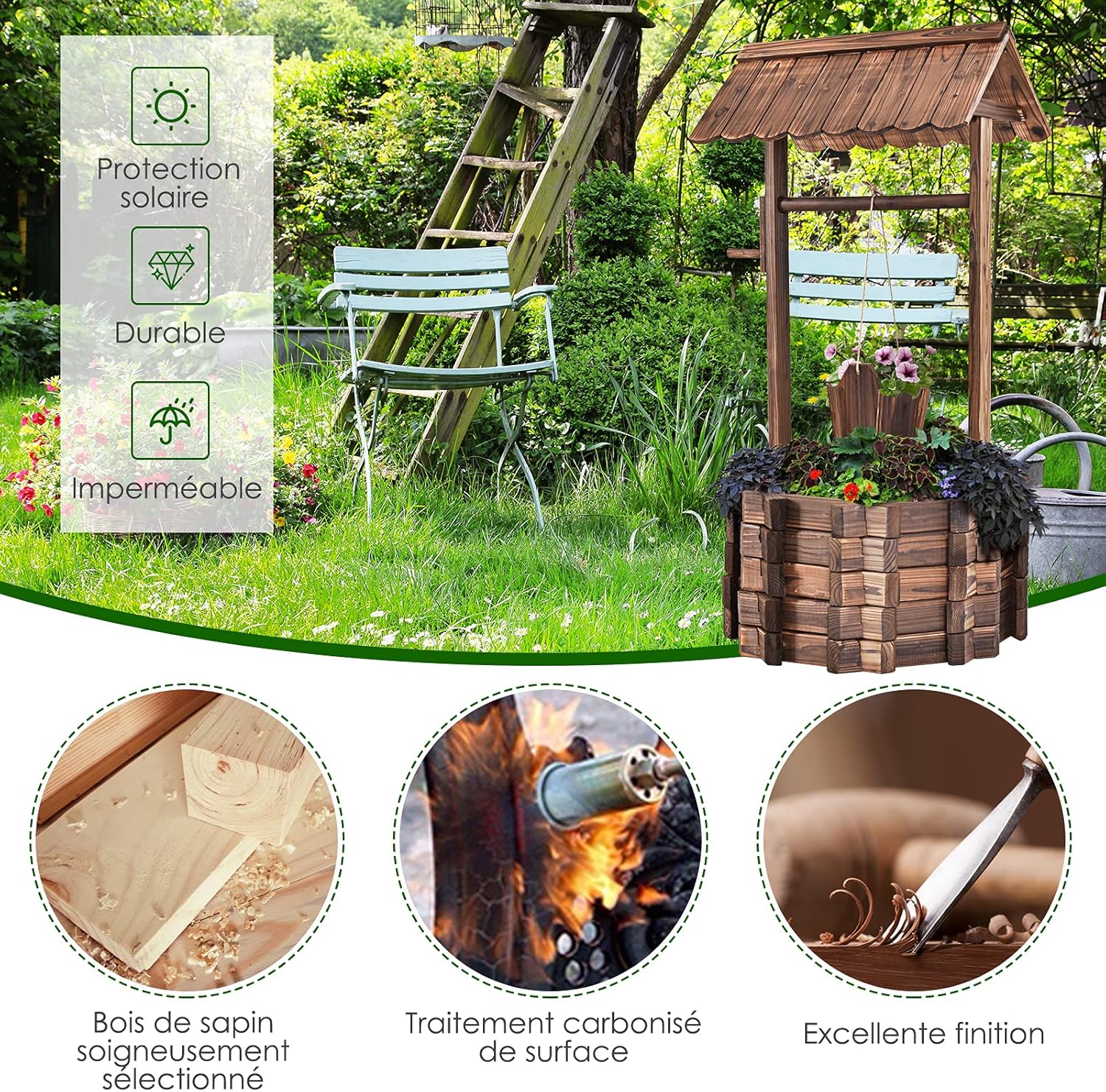 Pozzo Decorativo da Giardino, Fioriera in Legno d'Abete con Pozzo, Secchio e Tetto, Resistente alle Intemperie, Effetto Invecchiamento,57 x 57 x 114cm - 7