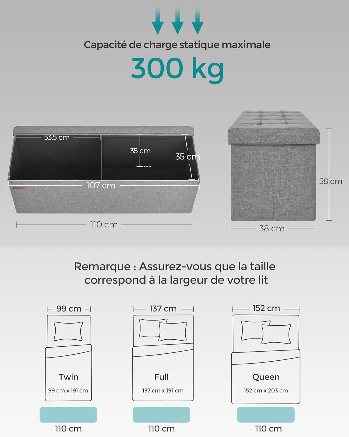 Banc de Rangement, Pouf Pliable, 38 x 110 x 38 cm - 3