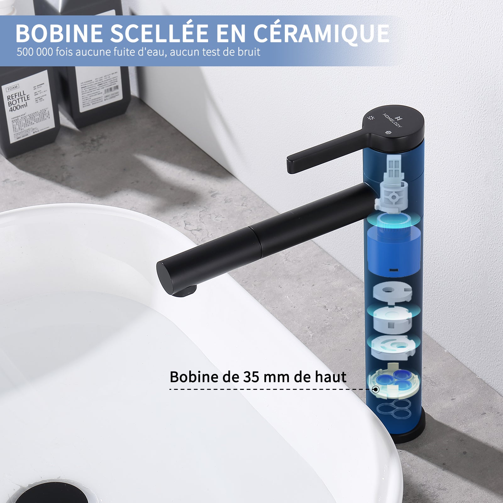 Mitigeur de Lavabo Noir Haut Bec Robinet de Salle de Bain Pivotant 360° Robinetterie de Lavabo pour Vasque en Acier Inox - 6