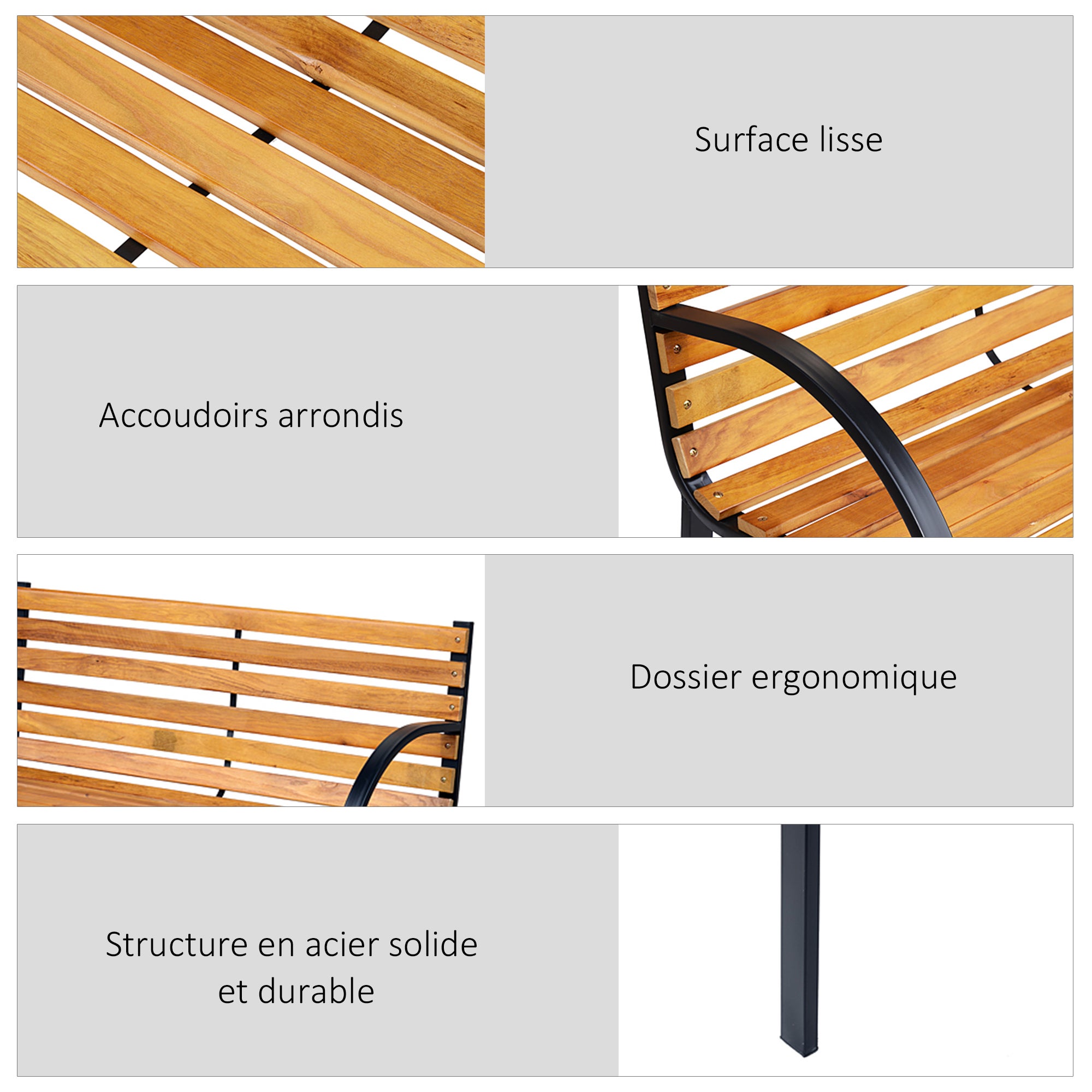 Banc de jardin 2 places style rural chic acier époxy bois lasuré - 4