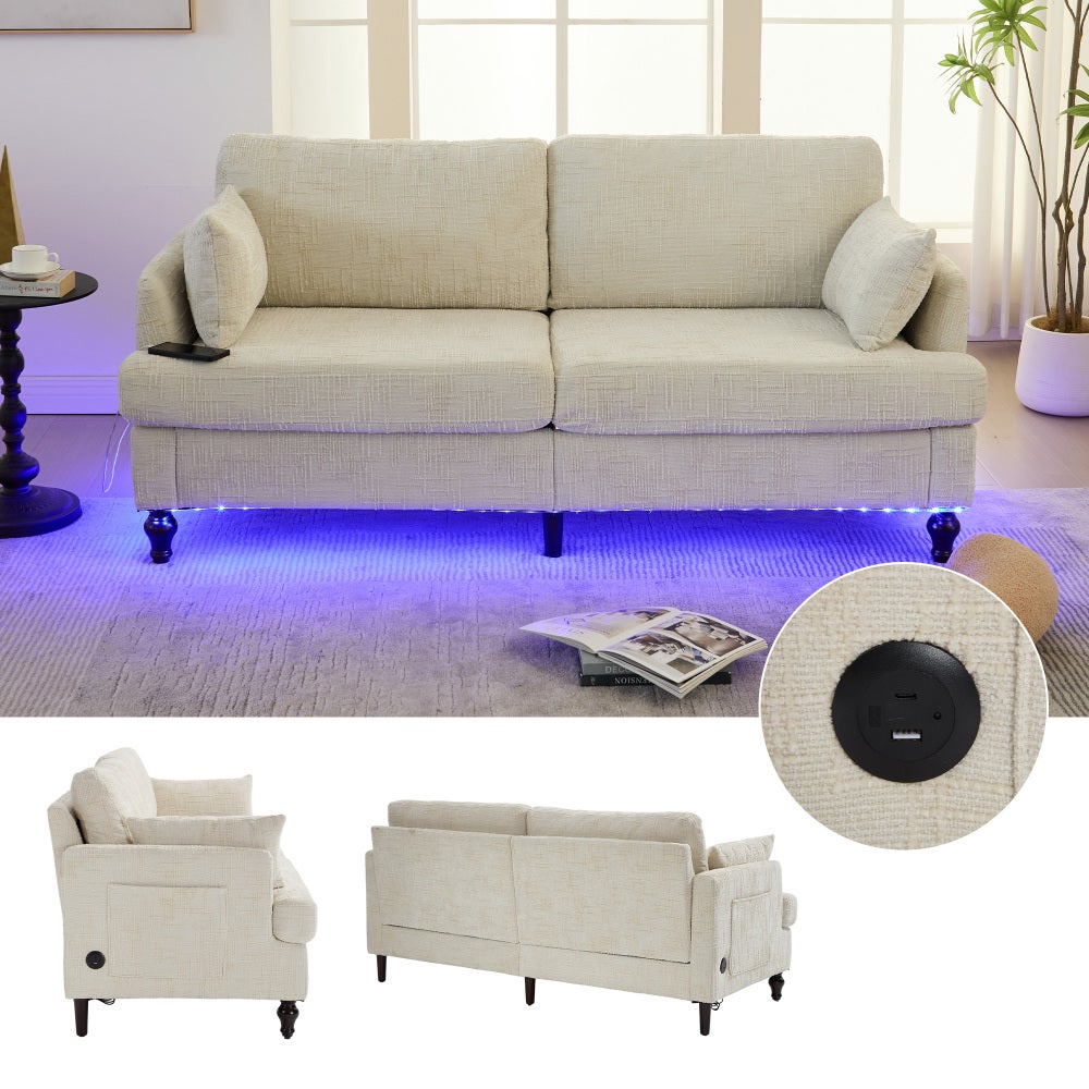 Sofa 2-osobowa, szenilowa, z nogami drewnianymi, LED, USB, kieszonka na drobiazgi, beżowa