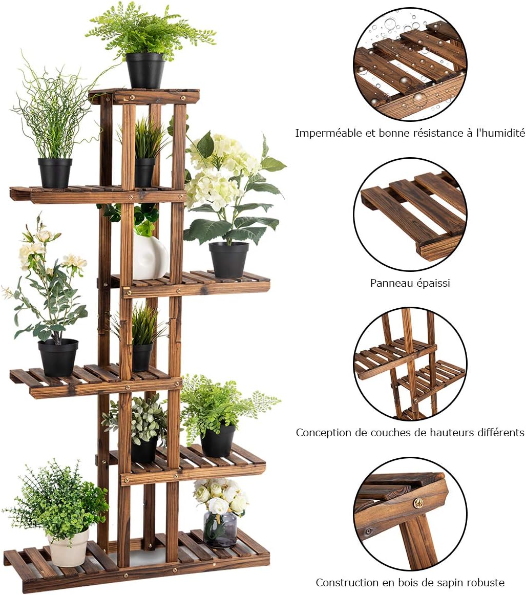 Etagère à Fleurs en Bois à 6 Niveaux, Porte-Plantes en Sapin pour Balcon Terrasse Salon, 140,5 x 25 x 75 cm - 4