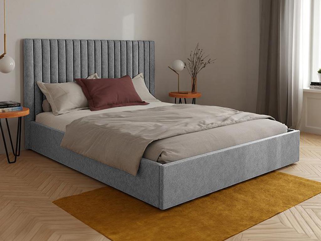 Lit coffre 140 x 190 cm avec tête de lit coutures verticales - Tissu