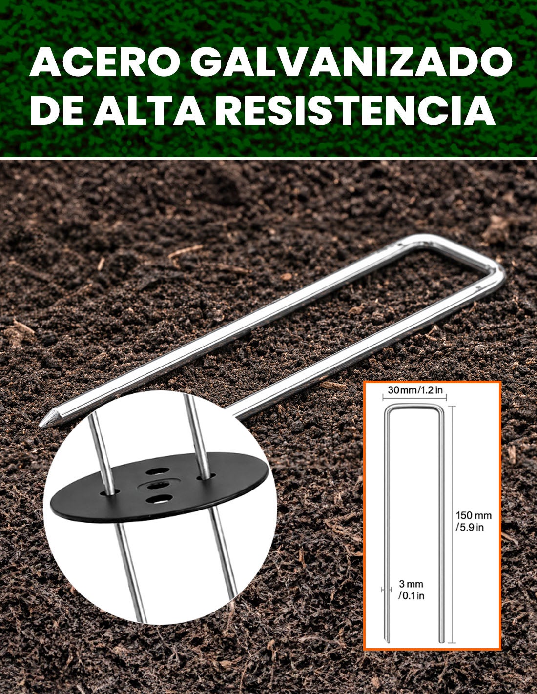 JARDIN202 - Grapas Piquetas de Jardín 150x30mm | Acero Galvanizado Anticorrosión con Arandelas para Malla Antihierba y Césped Artificial | 50 unidade - 5