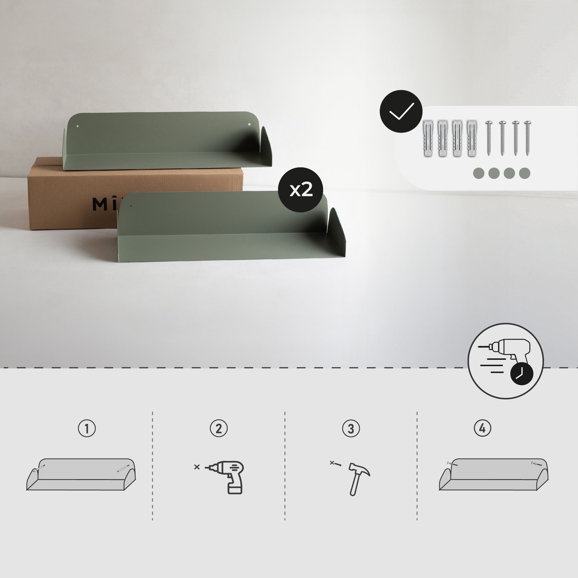 Lot de 2 étagères flottantes métalliques vert olive - L.60 x P.16 cm, Ep.13 cm - MILUKA - 8