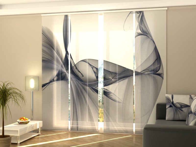 4 paneles japoneses wellmira 60x270 cm con riel de 4 vías de 240 cm, exquisita abstracción negra