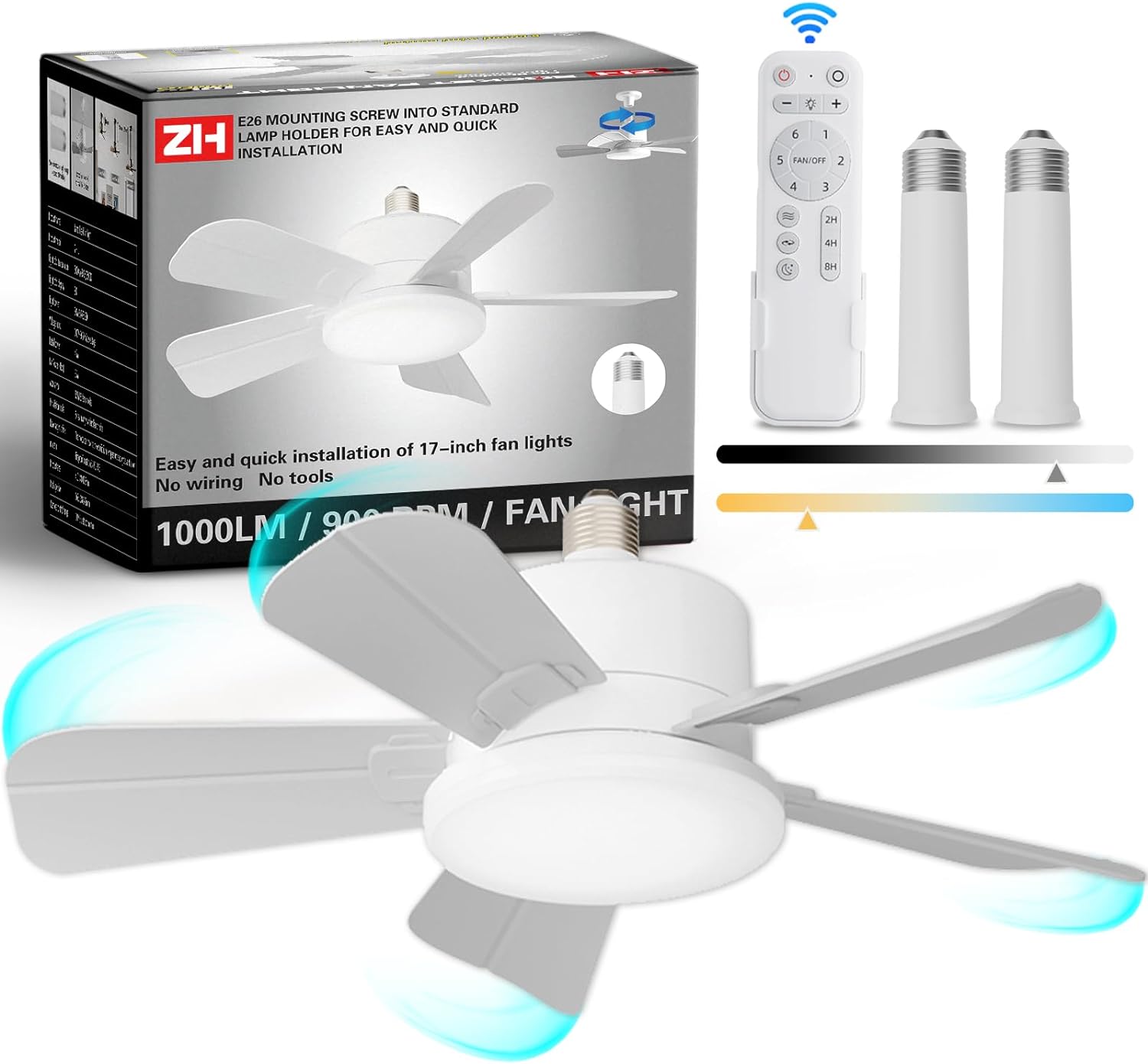 Wentylator sufitowy z pilotem i 2 przedłużaczami, wkręcany bezprzewodowy wentylator sufitowy z regulowanym oświetleniem, wentylator żarówkowy, biały