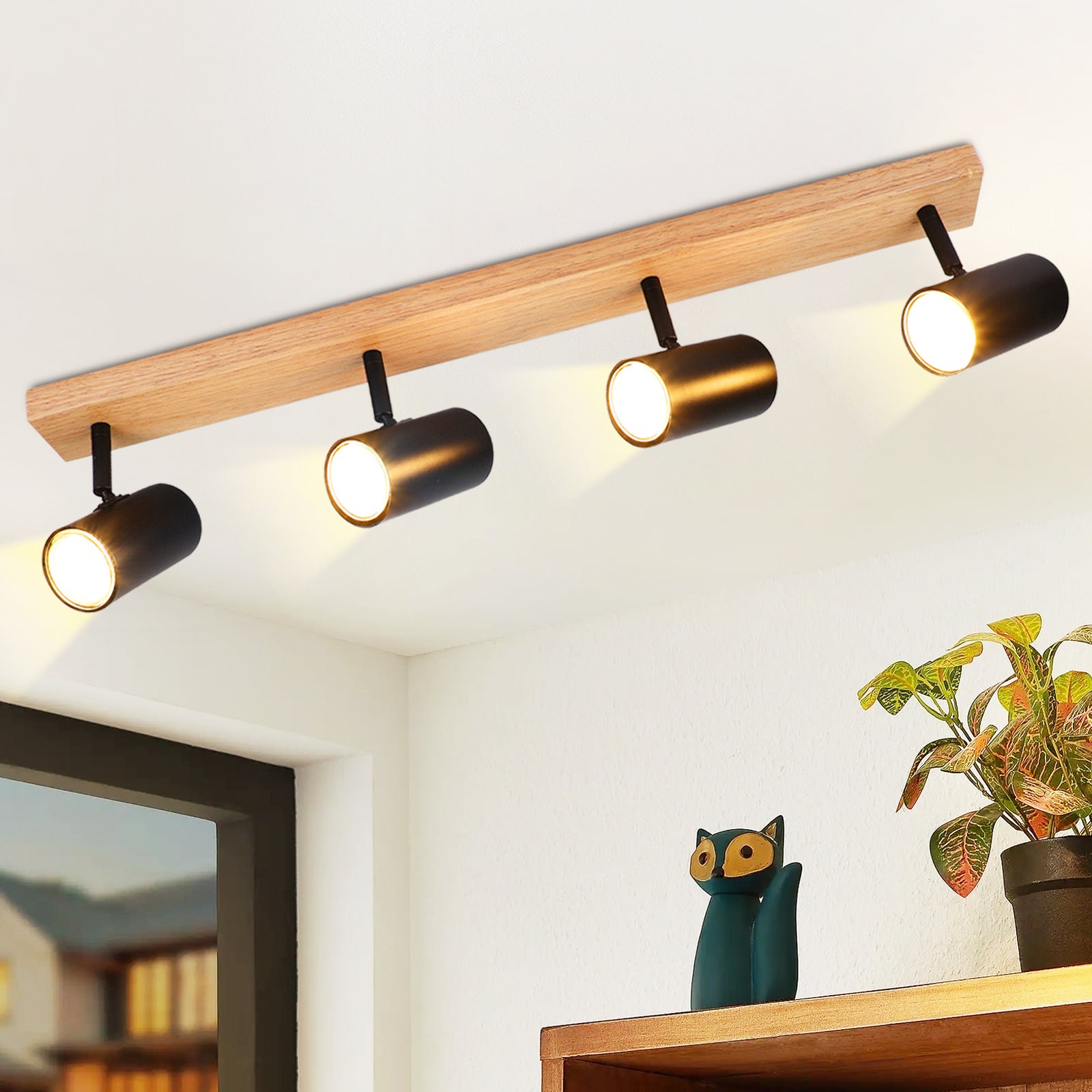 NETTLIFE Reflektorowa sufitowy 4 płomienie czarna drewniana lampa sufitowa GU10 regulowany 350° vintage
