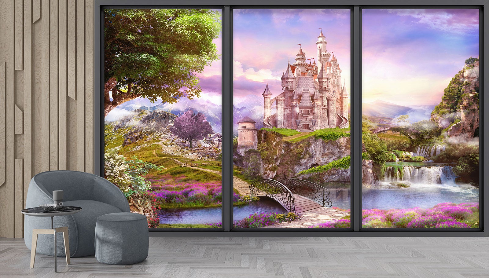 Papier peint panoramique intissé décoratif Trompe l'oeil baie vitrée Enfants - Château - L260 cm x H156 cm - 4