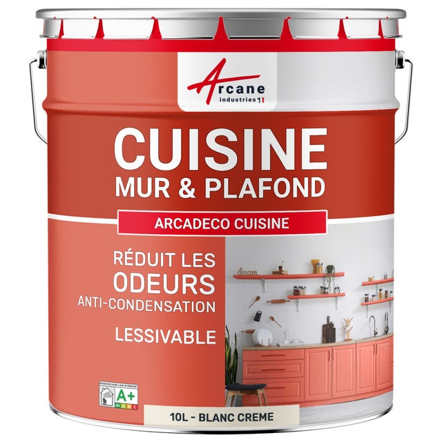 Peinture cuisine mur et plafond lessivable, anti odeur & anti condensation : Arcadéco Cuisine Blanc Crème - RAL 9001 - 10 L - ARCANE INDUSTRIES