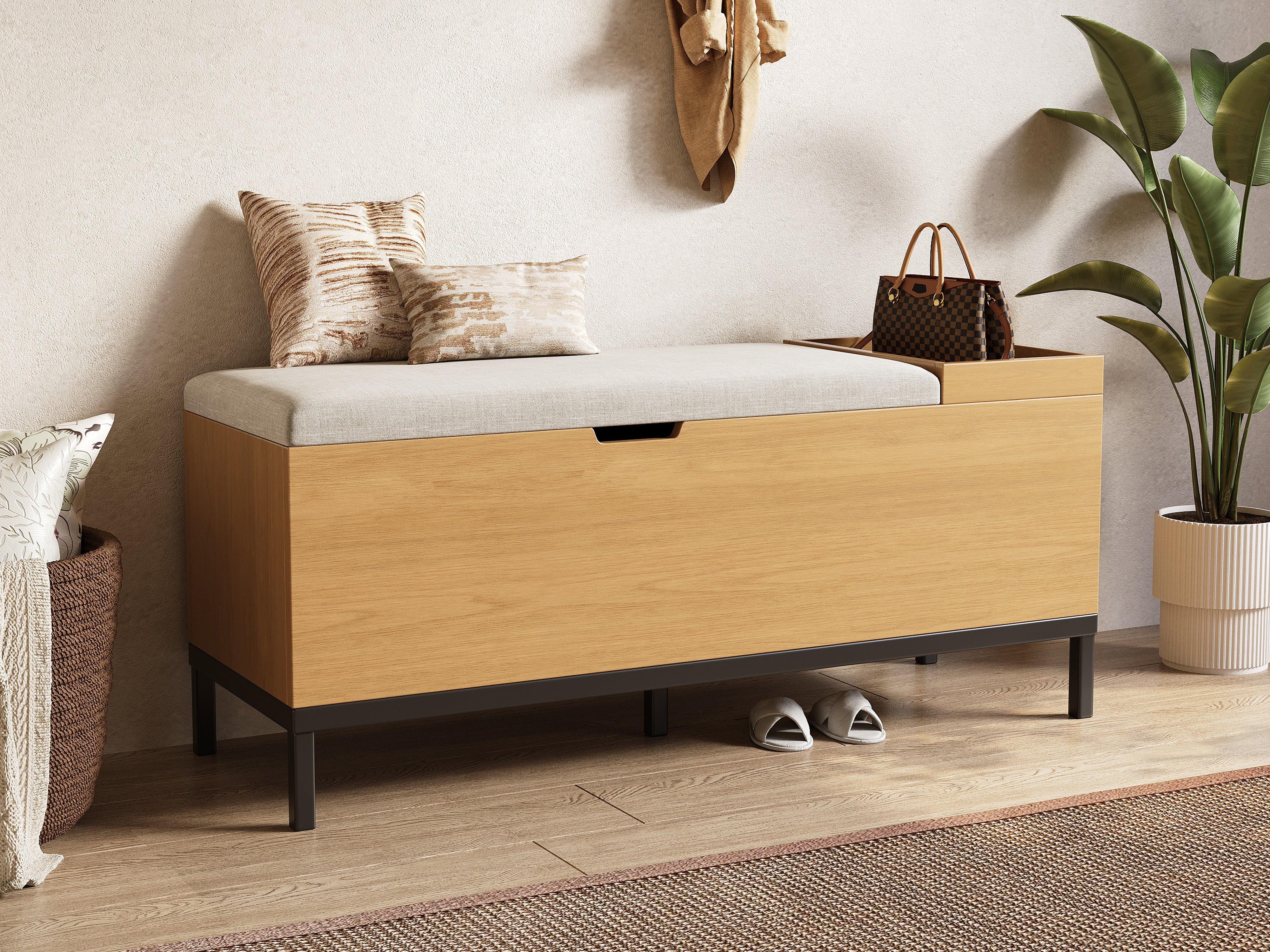 Banc à chaussures avec espace de rangement et coussin - 115 x 49.5 x 40 cm - MDF - Naturel - 7