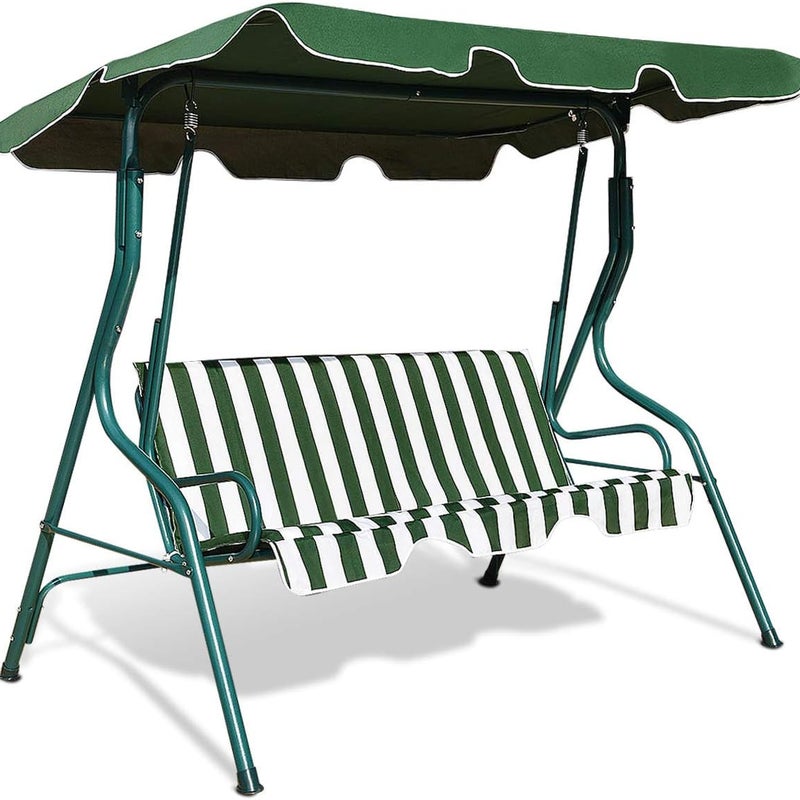 Huśtawka Ogrodowa 3-Osobowa 170 x 110 x 153 cm – z Regulowanym Daszkiem – Huśtawka Ogrodowa z Tkaniny Poliestrowej – Stalowa Rama – Zielona