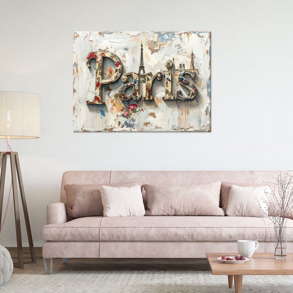 Obraz do salonu biura loftu, Napis Paryż Shabby Chic Vintage 90x60 - 2