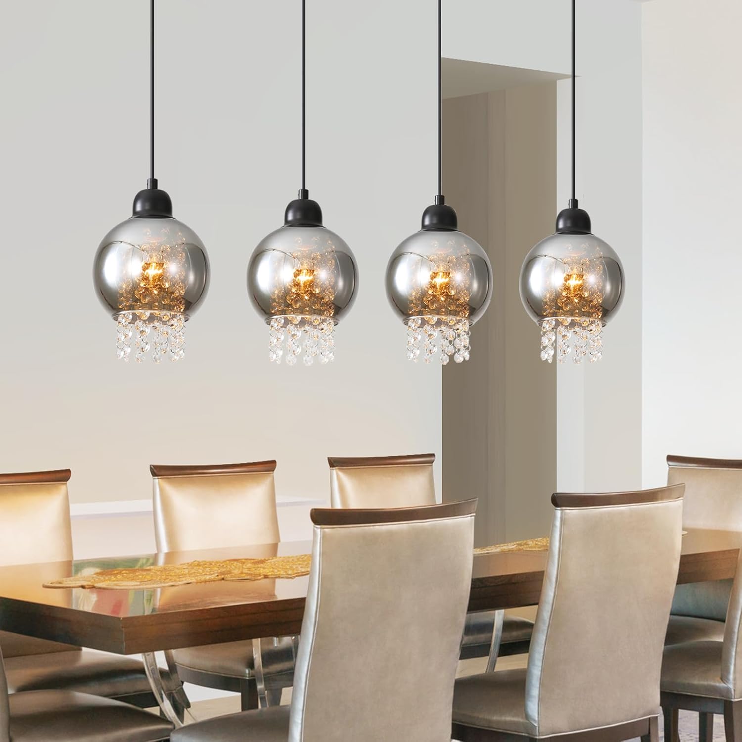 ZMH Lampa wisząca do jadalni, 4 żarówki, E27, kryształ, Ruachgrau. Lampa wisząca do sypialni.