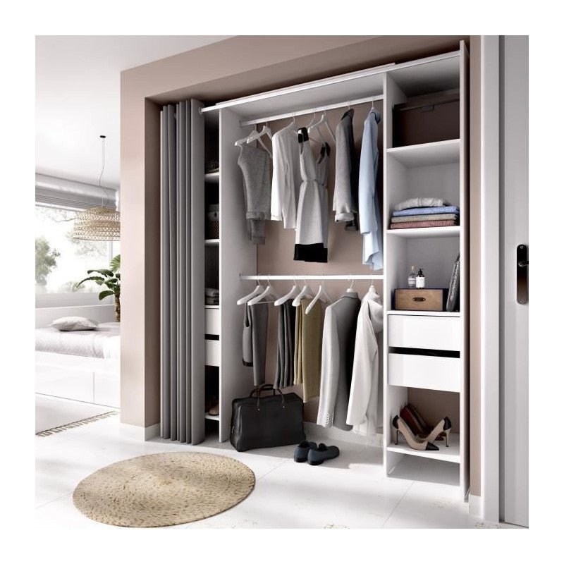 Dressing extensible avec rideau + 4 tiroirs - Decor Blanc - L 180-113 x P 50 x H 205 cm - SUIT - 6