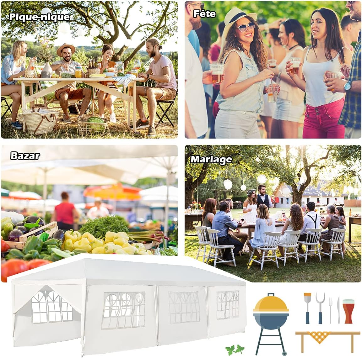 Tonnelle de Jardin/Tente de Réception 3x9m-27㎡ PE Barnum Imperméable avec Fenêtres 8 Bâches Amovibles, avec Piquets et Cordes - 6