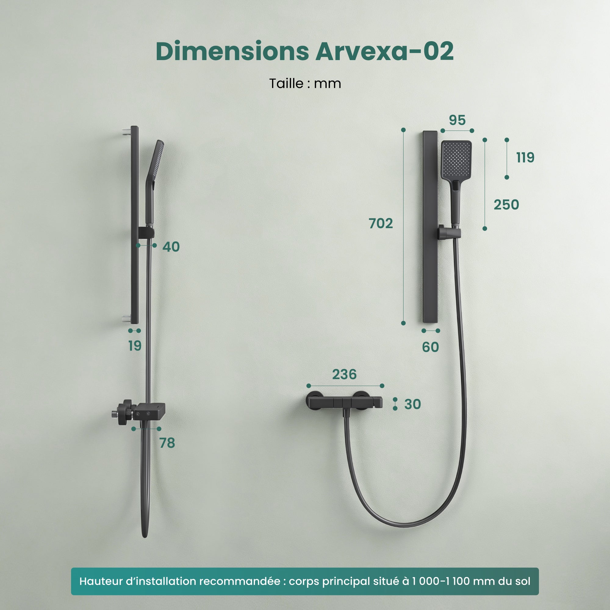 Mai & Mai Ensemble de Douche Mural Mitigeur Pommeau de Douche Gris Réglable en Hauteur 3 Modes de Jets Arvexa-02 - 9