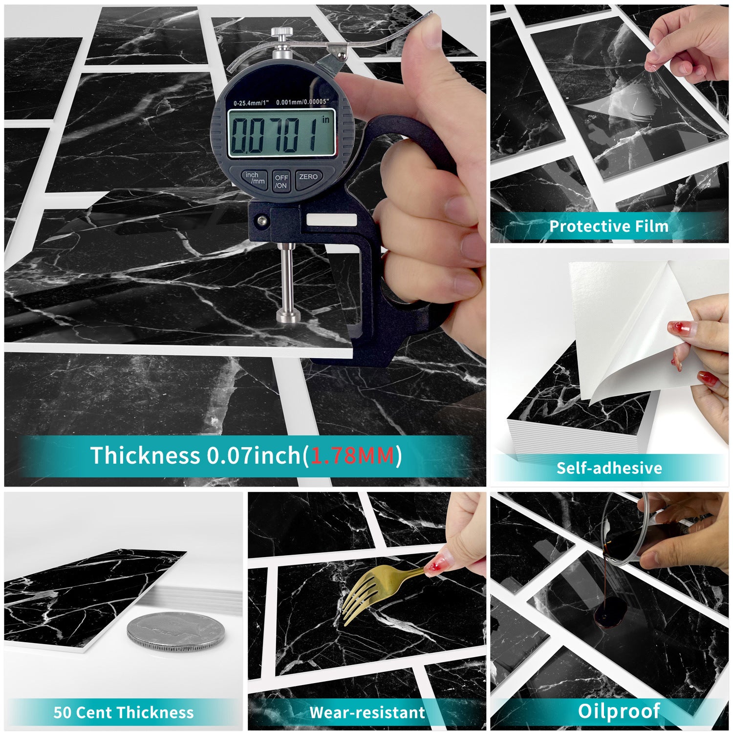 Piano Protezione Cucina 3D Imitazione Marmo Nero - Set di 16 Pannelli Decorativi Impermeabili e Anti-Umidità per Cucina, Bagno - 3