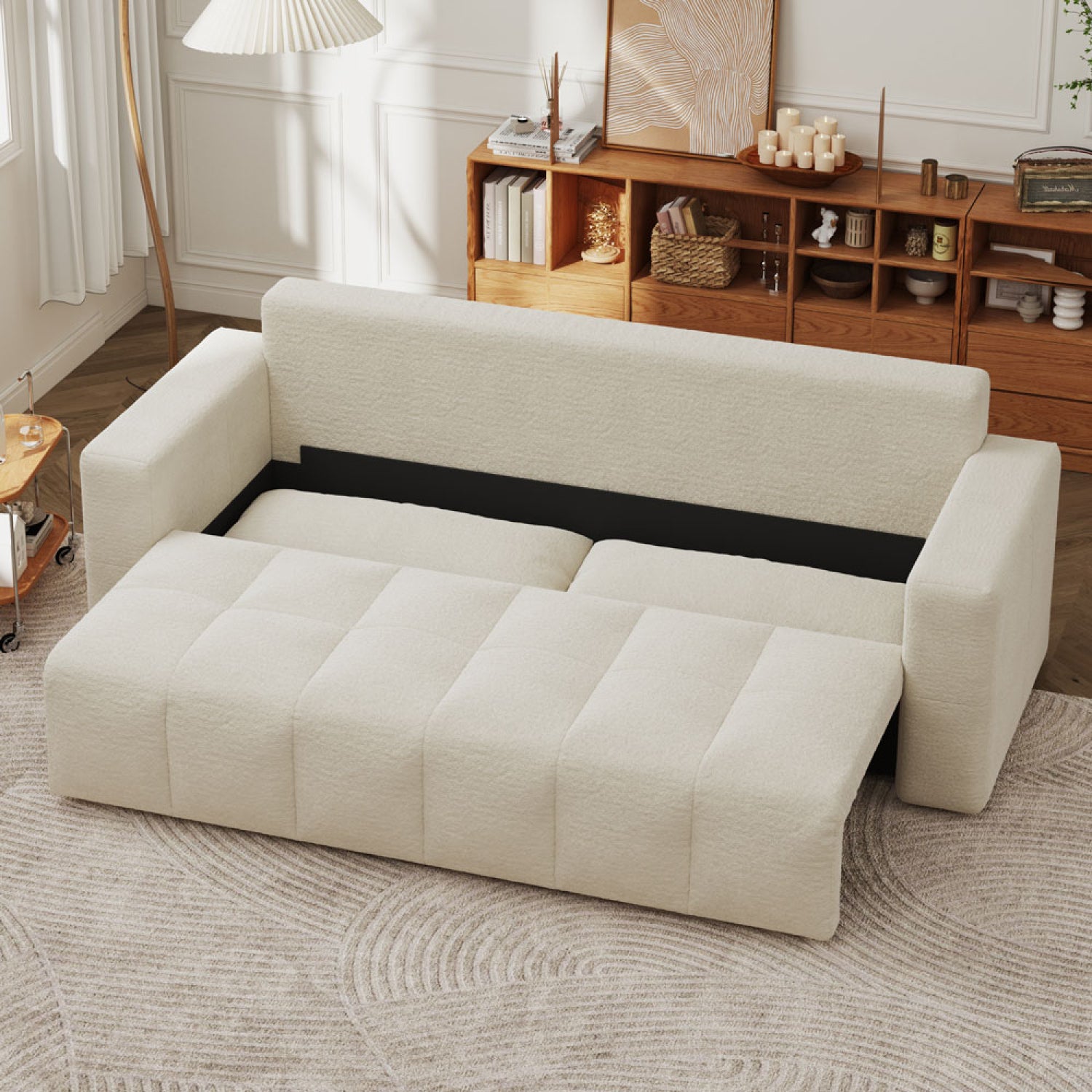 Canapé convertible 3 places avec coffre en bouclette beige CANTERBURY - 5