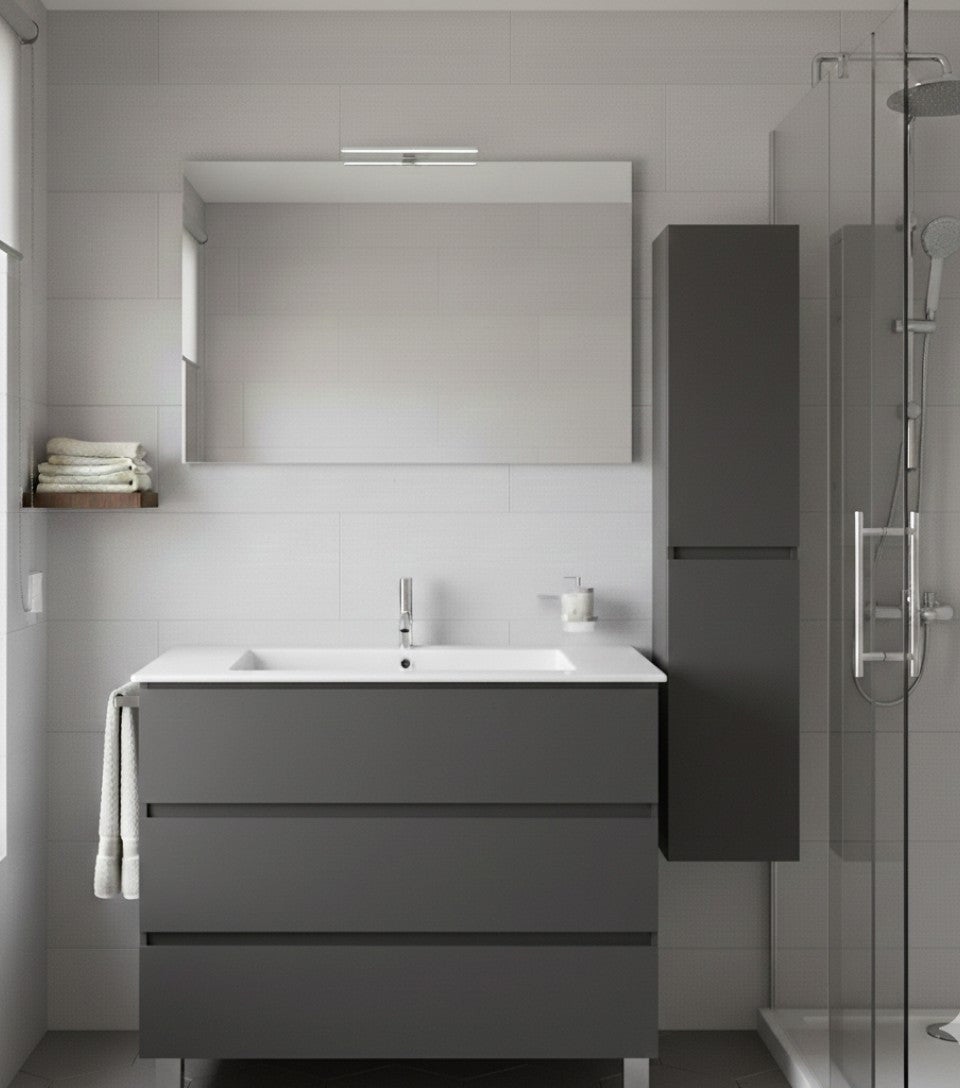 Set Mobilier de baie BALDER Gata Asamblat 3 sertare cu picioare, lavoar și oglindă Grafit 60x35 cm cu dulap coloană