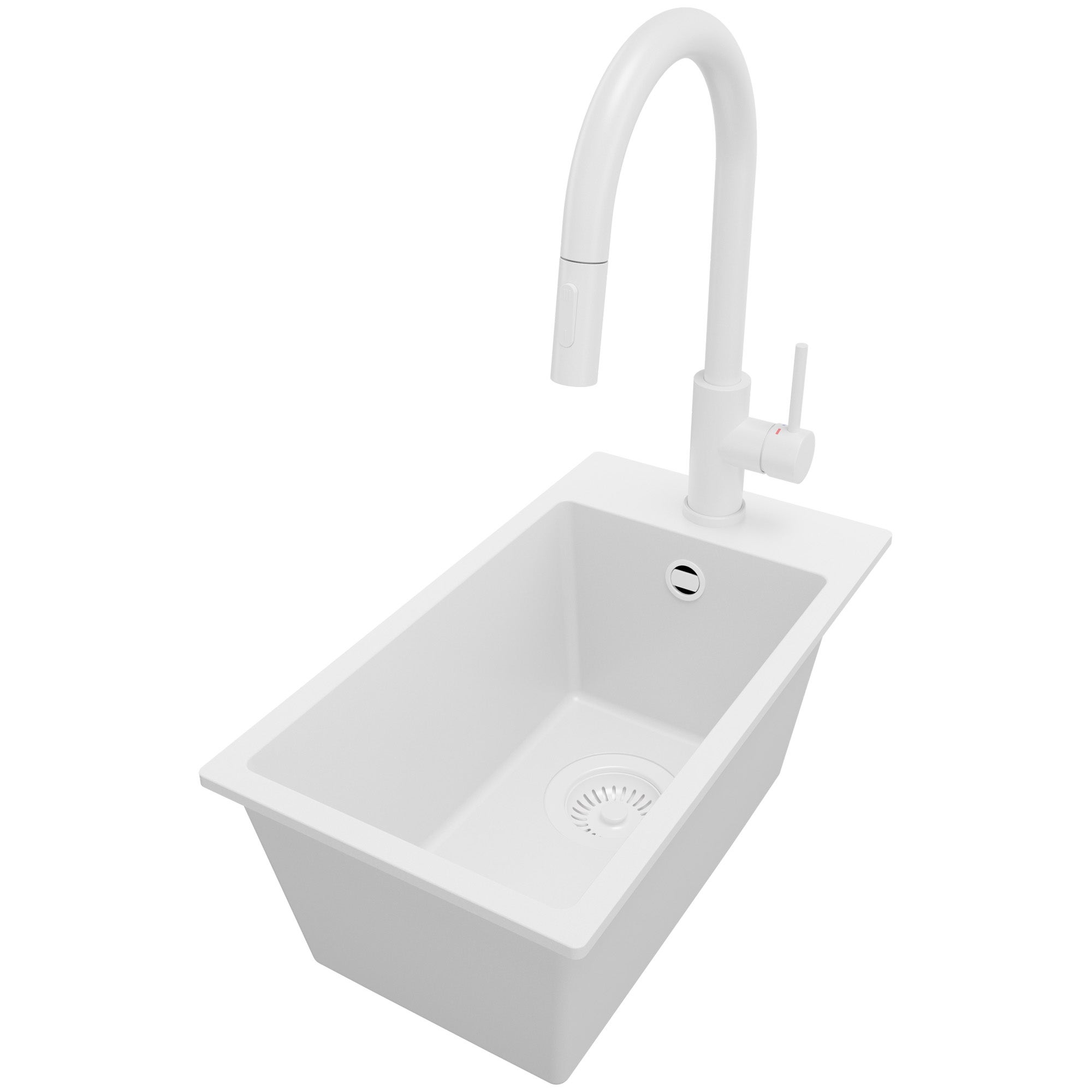 Zlewozmywak Granitowy Cały Biały 28x50cm, Zlew Kuchenny 1 Komorowy + Bateria 40x20cm + Syfon, Nablatowy do szafki od 30cm - Ryga PRIMAGRAN