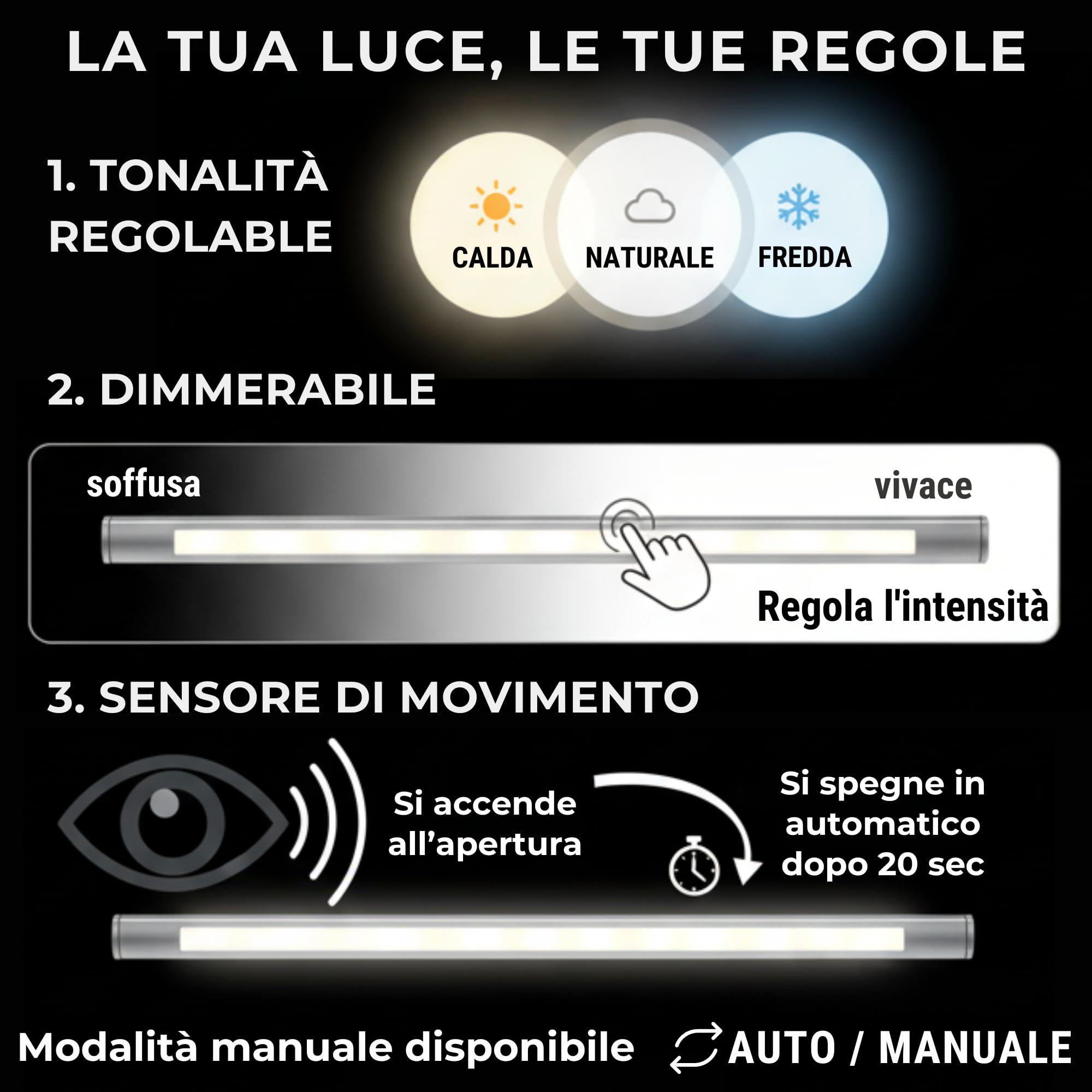 HOMPLEMENT Luce LED per Armadio con Sensore di Movimento 40 cm – Barra LED Magnetica Ricaricabile USB e regolabile con 3 Tonalità di Luce - Grigio - 7