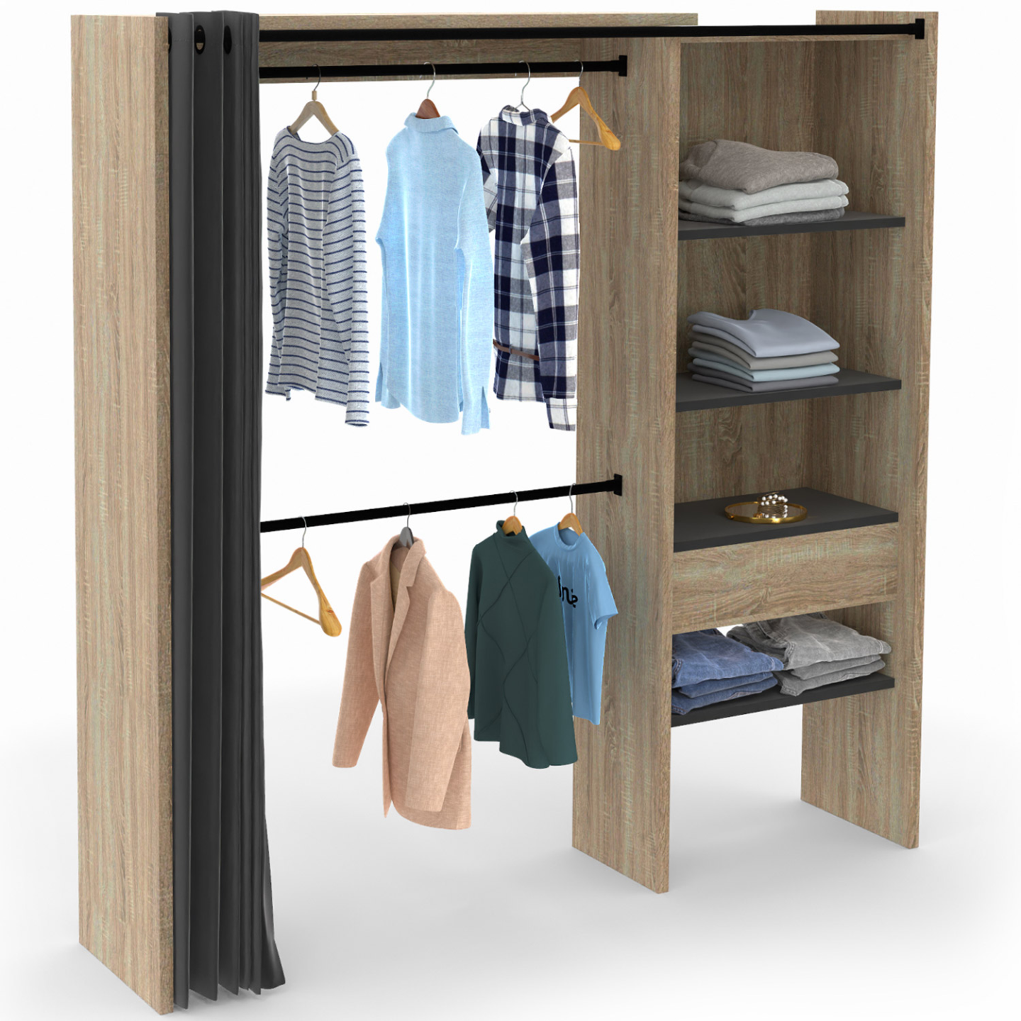 Dressing extensible MARTY 120/170 x 50 x 180 cm hêtre avec étagères + double penderie + rideau noir - 2