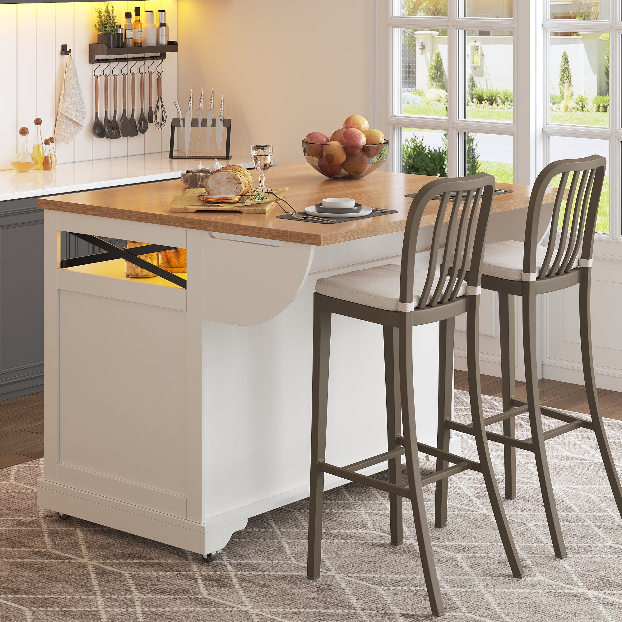 Ilot central de cuisine avec Table Rabattable - 120x43-71x98 cm, Buffet d'Îlot avec LED et Rangements,Buffet de cuisine avec Porte-Snacks et 3 Tiroirs - 3