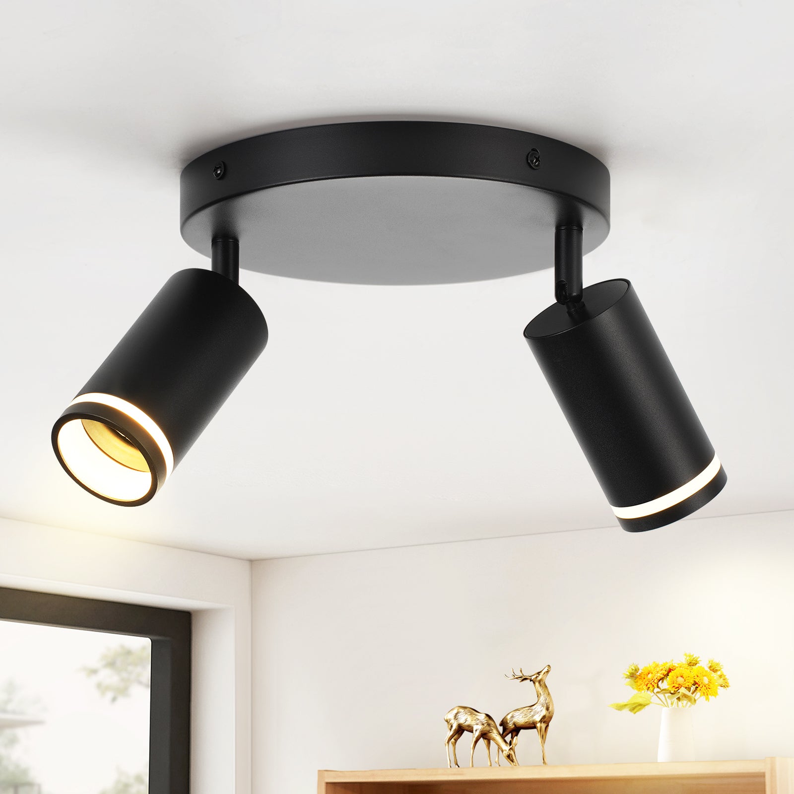 ZMH Czarna lampa sufitowa z 2 żarówkami GU10, regulowana pod kątem 355°, do przedpokoju