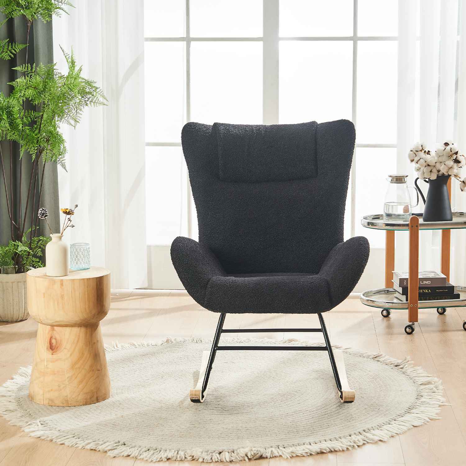 HOMCOM Fauteuil à Bascule, Rocking Chair, revêtement en Velours, Chaise à Bascule, Structure en Acier, Pieds en Bois Massif, Vert foncé