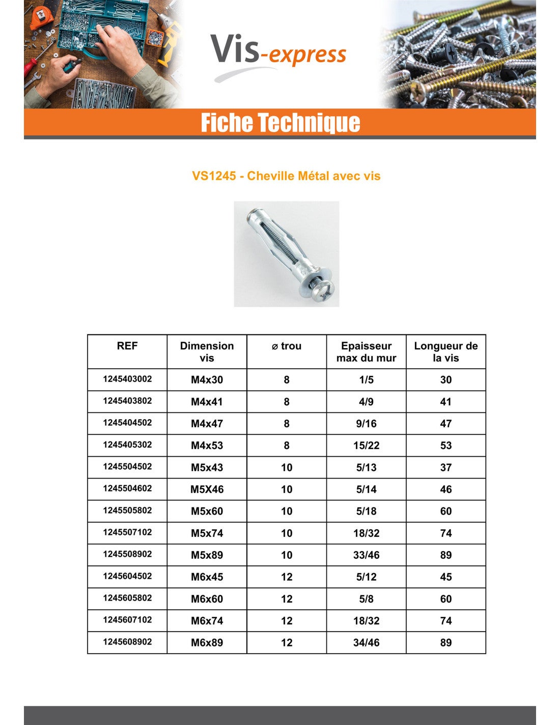 Cheville METAL PLAQUE PLATRE Avec Vis M4X41-30 pièces - 4