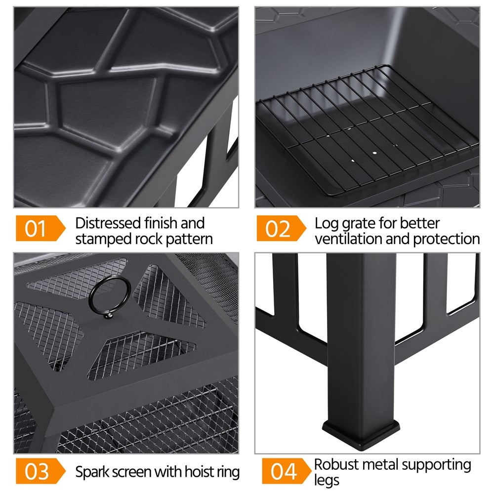 Brasero Extérieur Carré en Métal pour Chauffage avec Couverture et Poker, Noir Yaheetech - 7