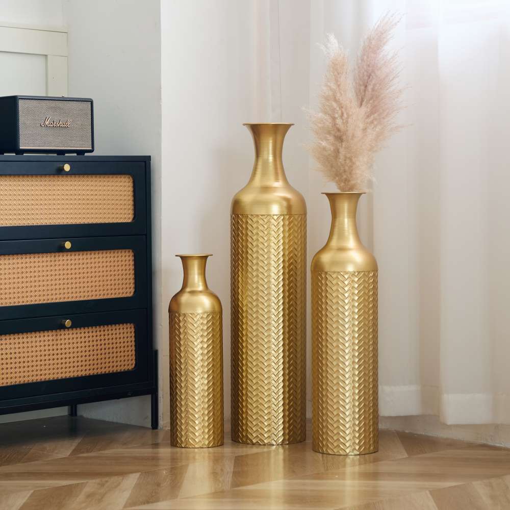 Grand vase métallique sur pied 83/65/50 cm – Set de 3 vases empilables pour fleurs sèches et pampas, décoration élégante salon et chambre - 6