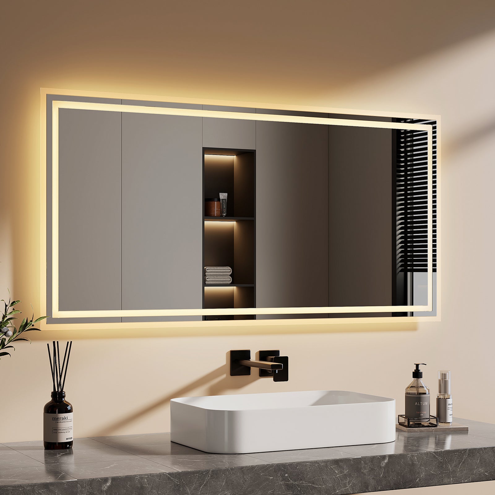 EMKE Miroir lumineux salle de bain 120x60cm, Miroir LED avec Interrupteur à bouton, Anti-buée, Miroir avec éclairage lumière Blanche Froide/Chaude - 2