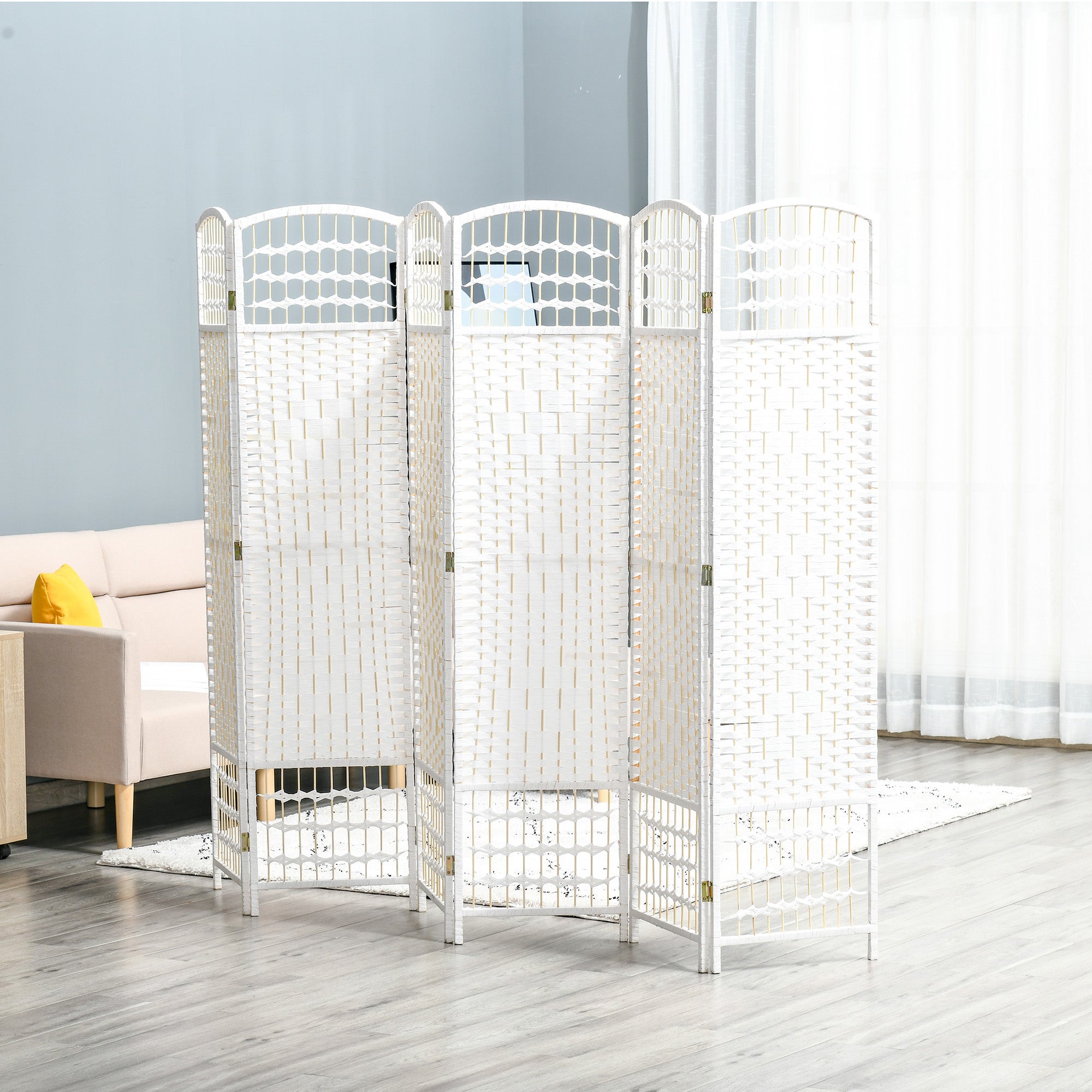 Paravent bois 242x170 cm séparateur pièce pliable 6 panneaux cloison chambre maison intérieur blanc - 3