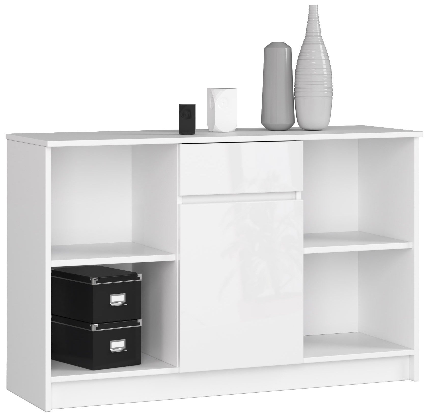 Komoda: 1 szuflada, 1 drzwi, 6 półek, biała | połysk biały, 120 x 77 x 40 cm